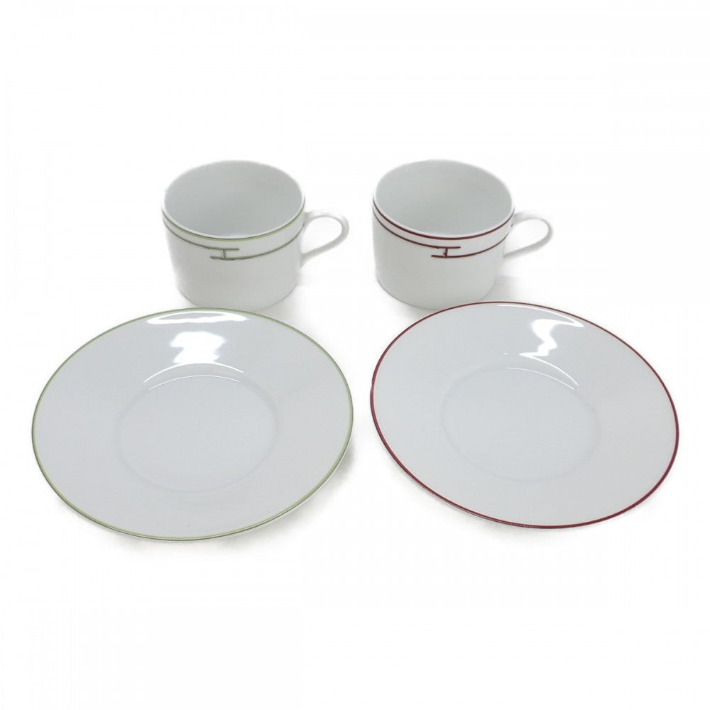 エルメス HERMES リズムカップ&ソーサー ペア 4416P2 食器 陶器 ホワイト グリーン レッド レディース【中古】【Sランク】
