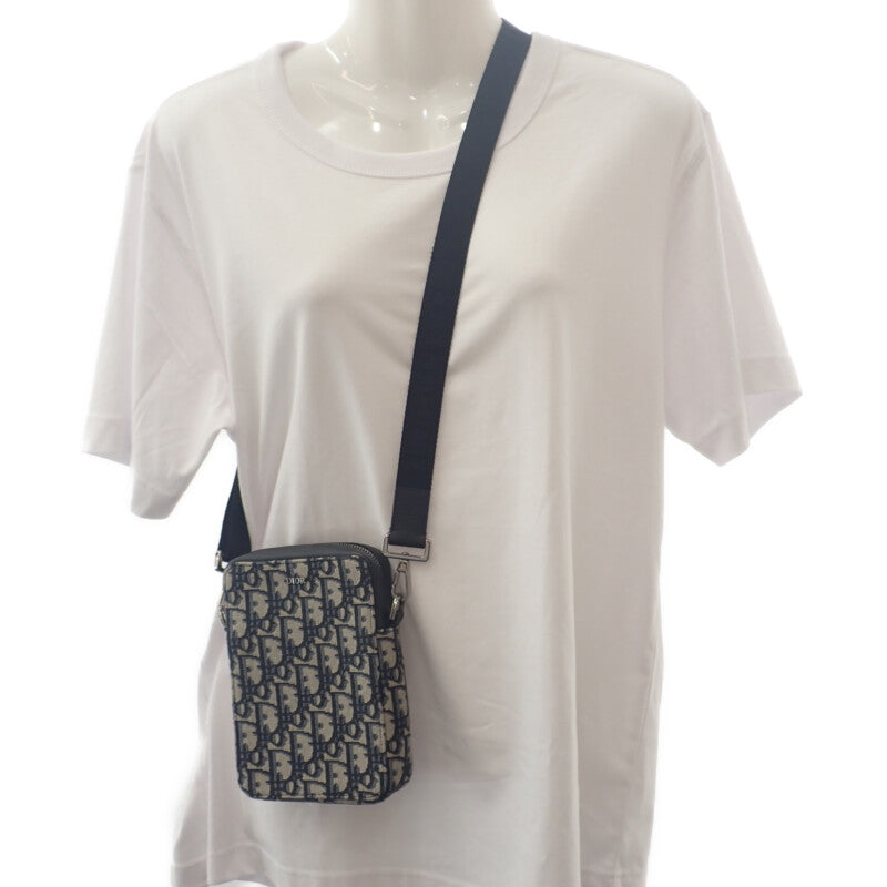 ディオール Dior メッセンジャーポーチ オブリーク ジャガード 2ESBC265YSE-H05E ショルダーバッグ キャンバス レザー ネイビー ベージュ レディース メンズ【中古】【Aランク】