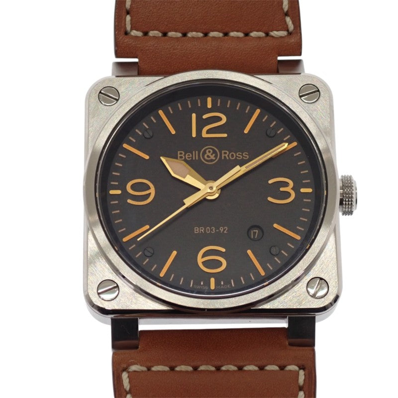 柏萊士 Bell&Ross Golden Heritage BR03-92GOLDENHERI-CA 腕錶 不鏽鋼 皮革 黑色 棕色 自動上鍊 黑色錶盤 銀色五金 男士【中古】【A級品】