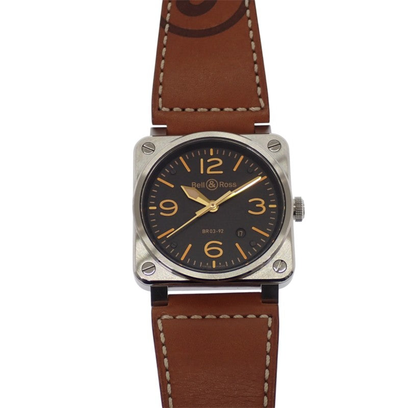 柏萊士 Bell&Ross Golden Heritage BR03-92GOLDENHERI-CA 腕錶 不鏽鋼 皮革 黑色 棕色 自動上鍊 黑色錶盤 銀色五金 男士【中古】【A級品】