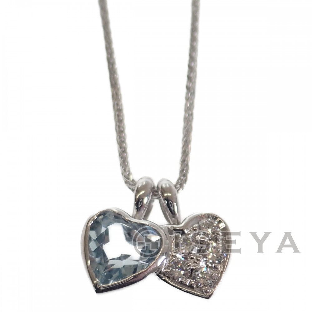 デザイン ジュエリー ダブルハート ネックレス K18ホワイトゴールド アクアマリン ダイヤモンド レディース【中古】【Aランク】