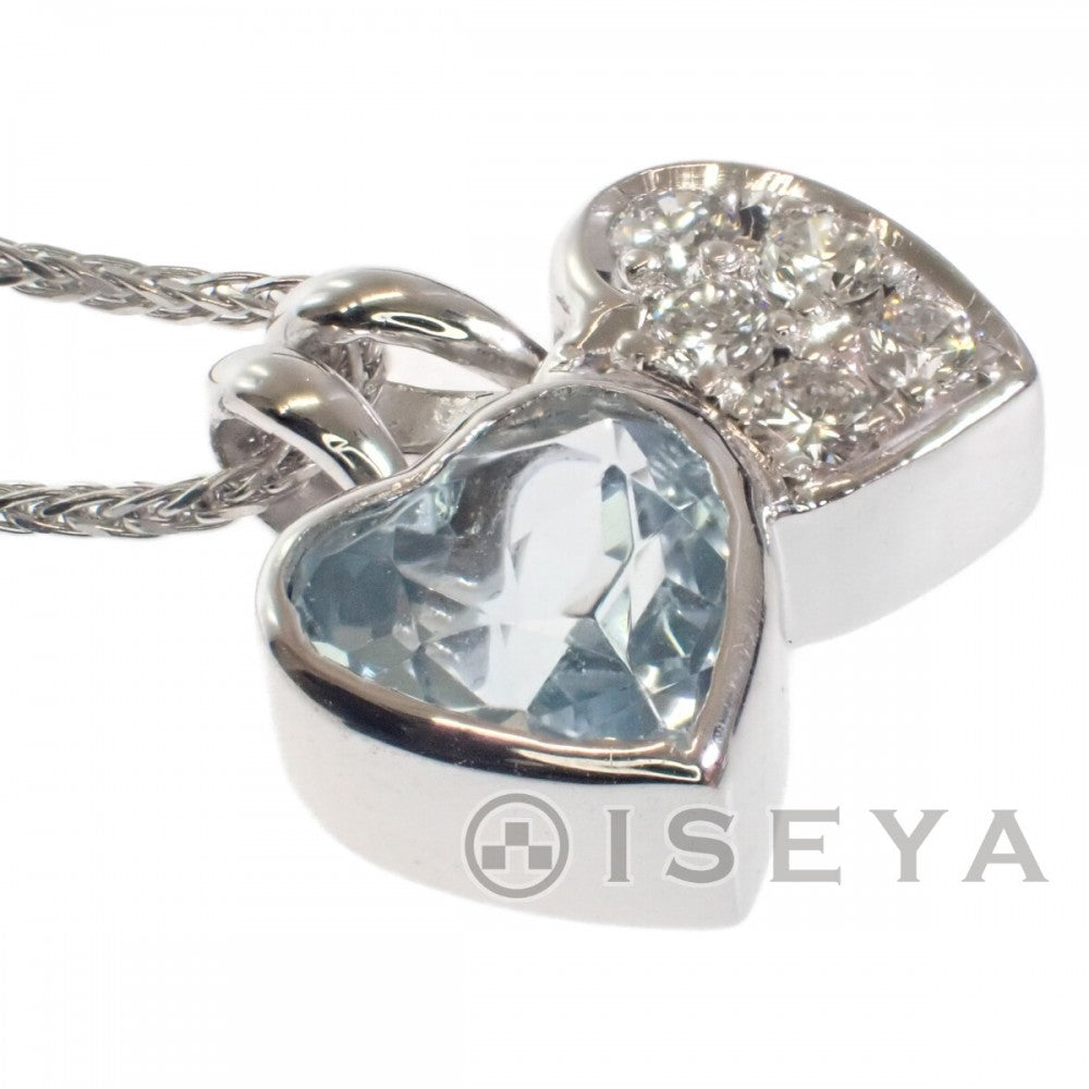 デザイン ジュエリー ダブルハート ネックレス K18ホワイトゴールド アクアマリン ダイヤモンド レディース【中古】【Aランク】