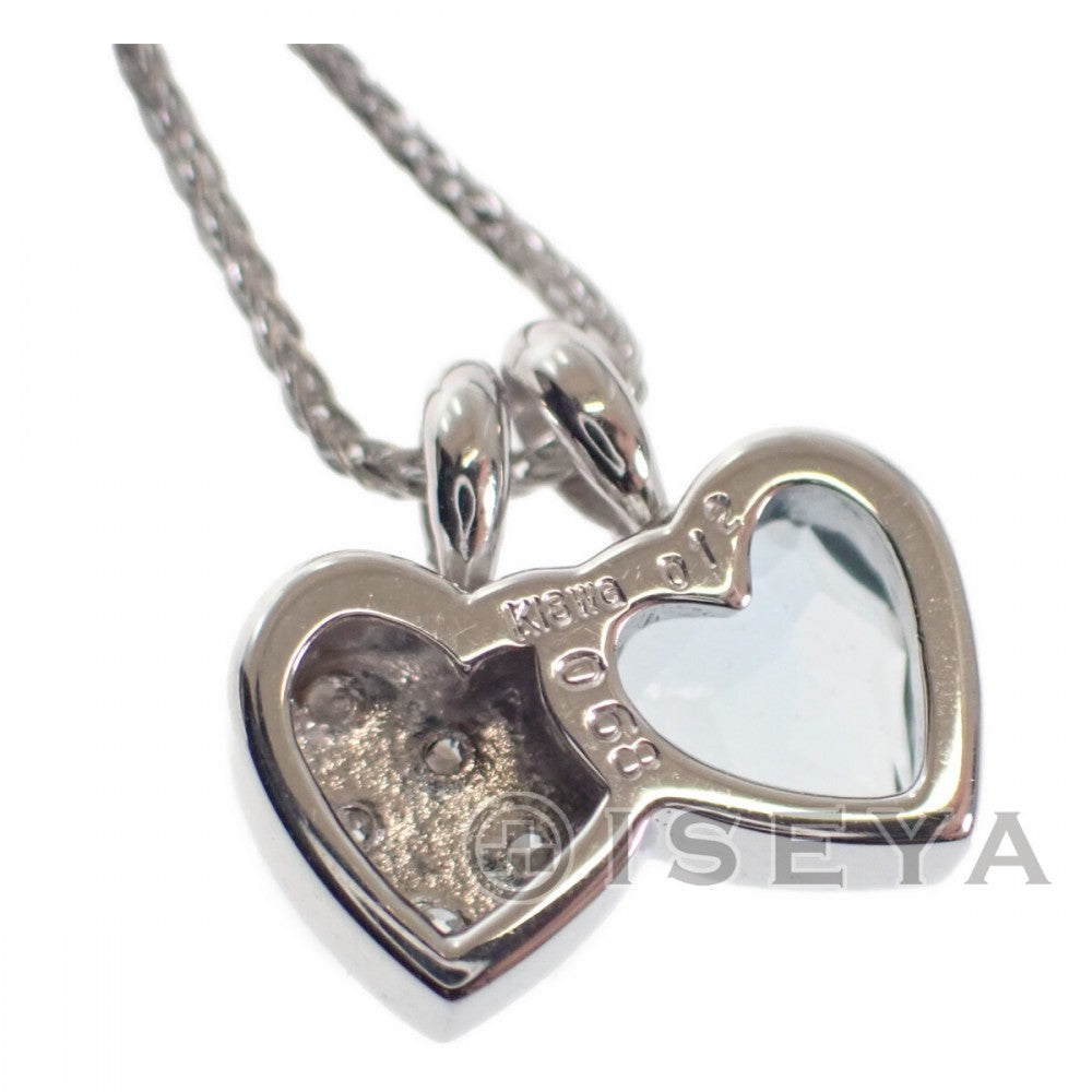 デザイン ジュエリー ダブルハート ネックレス K18ホワイトゴールド アクアマリン ダイヤモンド レディース【中古】【Aランク】