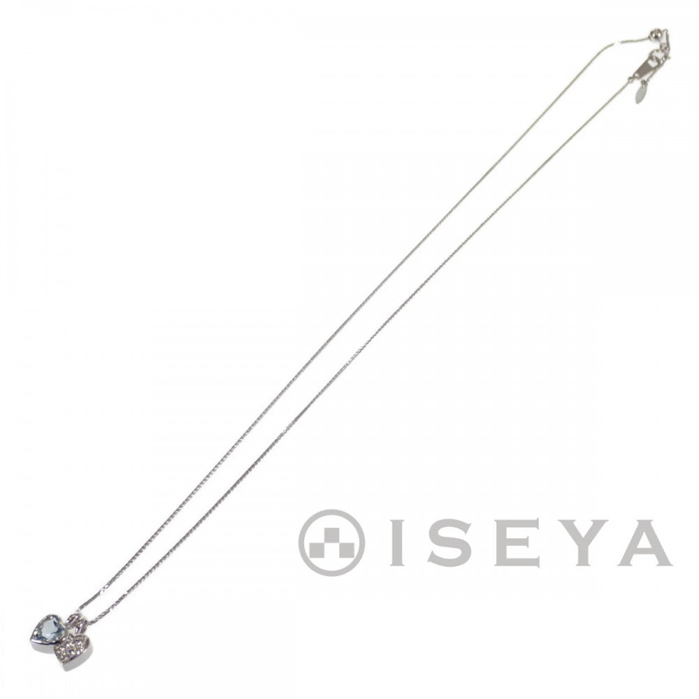 デザイン ジュエリー ダブルハート ネックレス K18ホワイトゴールド アクアマリン ダイヤモンド レディース【中古】【Aランク】