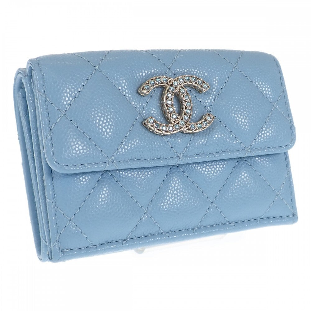 シャネル CHANEL ココマーク スモールフラップウォレット AP3397 三つ折り財布 キャビアスキン ストラスブルー ゴールド金具 レディース【中古】【Aランク】