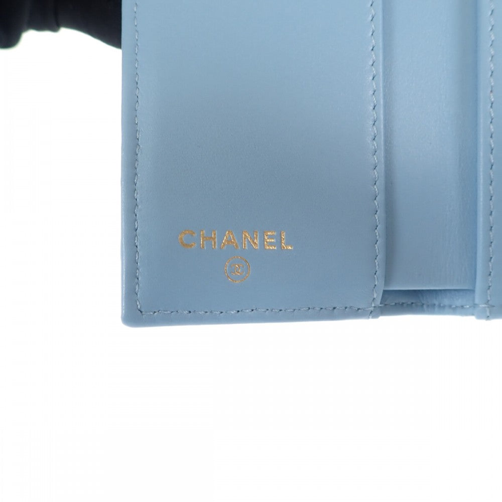 香奈兒 CHANEL COCO Mark 小型翻蓋錢包 AP3397 三折錢包 魚子醬皮革 閃鑽藍 金色金屬配件 女士【中古】【A級】