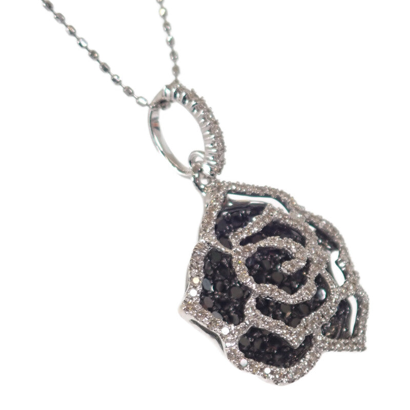 【中古】 デザインジュエリー フラワー カメリア ローズ ネックレス K18ホワイトゴールド ダイヤモンド ブラックダイヤモンド レディース【Aランク】