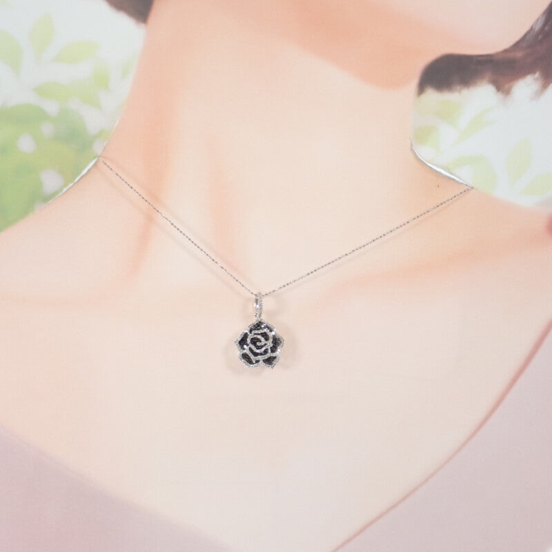 【中古】 デザインジュエリー フラワー カメリア ローズ ネックレス K18ホワイトゴールド ダイヤモンド ブラックダイヤモンド レディース【Aランク】