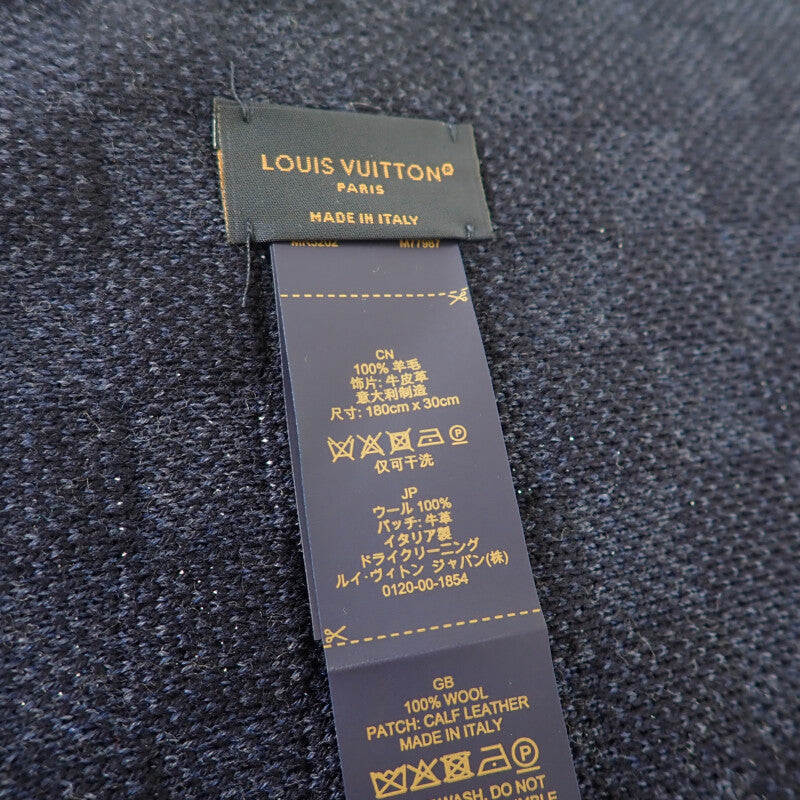 ルイヴィトン LOUIS VUITTON ネオ プティ ダミエ M77987 マフラー ウール レザー ネイビー メンズ レディース【中古】【ABランク】