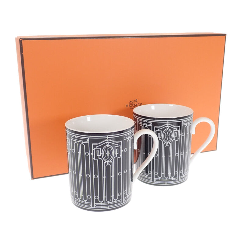 愛馬仕 HERMES H Deco 馬克對杯 2入組 餐具 西式餐具 馬克杯 陶瓷 黑色【中古】【S級】