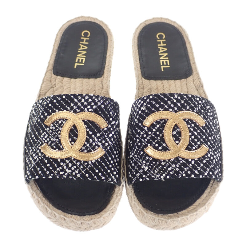 シャネル CHANEL エスパドリーユ ミュール G45590_B15919_NV733 サンダル ラムスキン ツイード ブラック #38C レディース【中古】【Sランク】