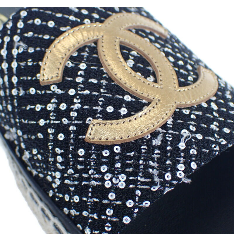 シャネル CHANEL エスパドリーユ ミュール G45590_B15919_NV733 サンダル ラムスキン ツイード ブラック #38C レディース【中古】【Sランク】