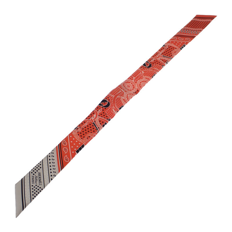 愛馬仕 HERMES Twilly Eperon d'Or Bandana 黃金馬鐙腰帶 H062978S_05 絲巾 絲綢 朱紅色 珍珠灰 女士【中古】【S級】