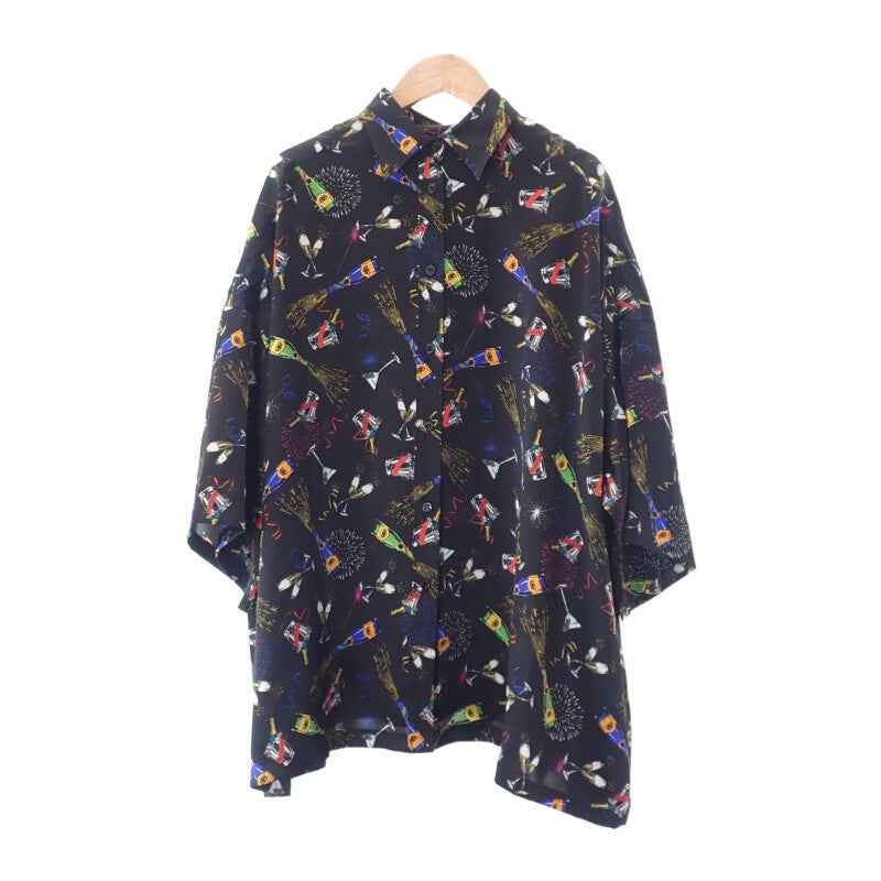 バレンシアガ BALENCIAGA セレブレーション プリント 36 半袖シャツ シルク ブラック メンズ【中古】【Aランク】