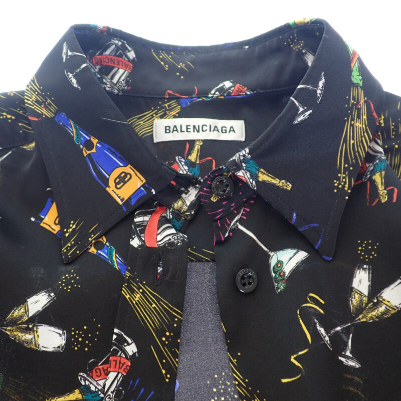 巴黎世家 BALENCIAGA 慶典印花 36 短袖襯衫 真絲 黑色 男士【中古】【A級】