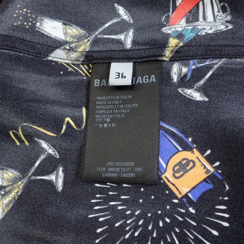 巴黎世家 BALENCIAGA 慶典印花 36 短袖襯衫 真絲 黑色 男士【中古】【A級】