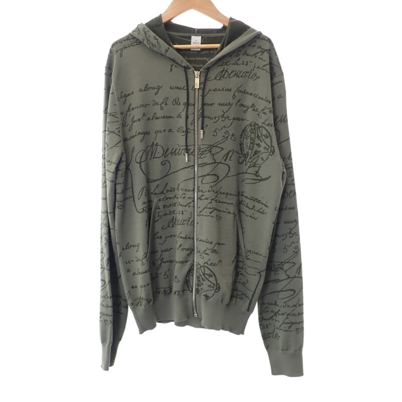 ベルルッティ Berluti スクリット ジップアップ L パーカー ウール レザー カーキ メンズ【中古】【Aランク】