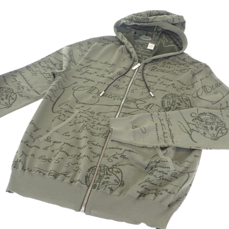 ベルルッティ Berluti スクリット ジップアップ L パーカー ウール レザー カーキ メンズ【中古】【Aランク】