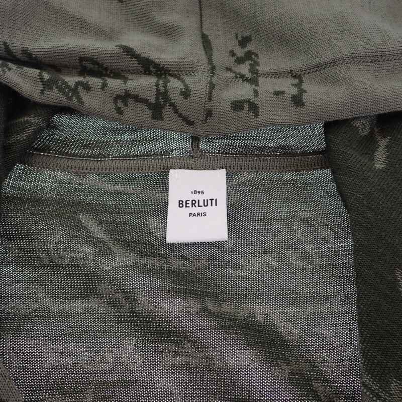 ベルルッティ Berluti スクリット ジップアップ L パーカー ウール レザー カーキ メンズ【中古】【Aランク】