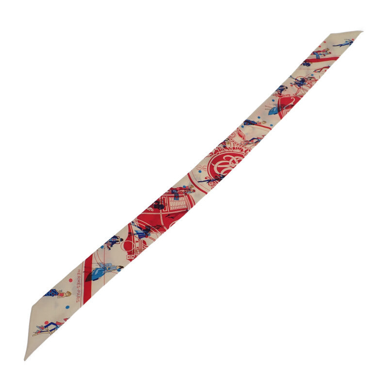 愛馬仕 HERMES Twilly Ex-Libris Parisiennes 絲巾 絲綢 象牙白 紅色 女士【二手】【AB級】