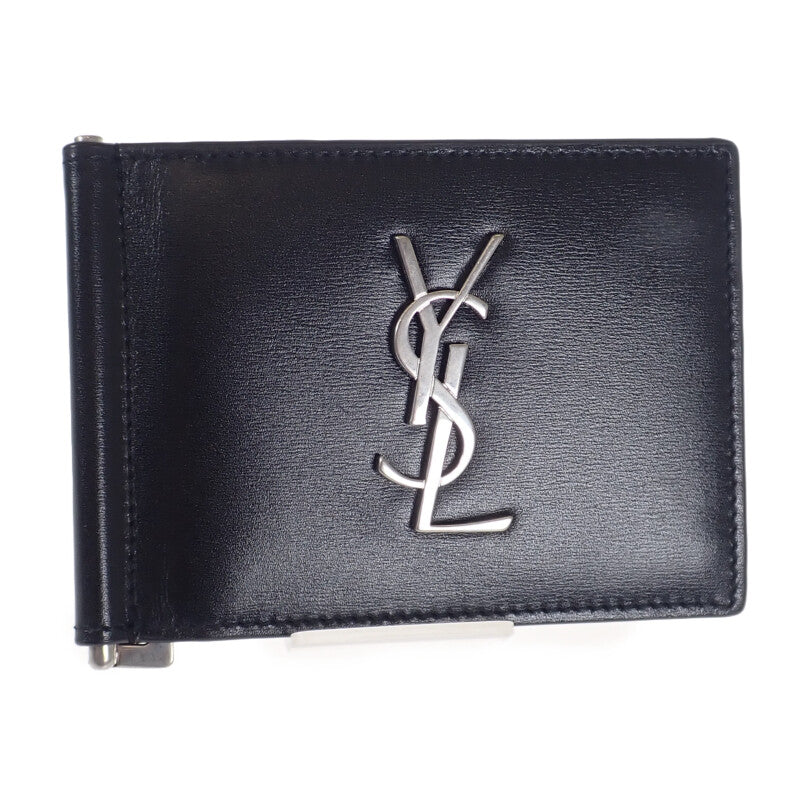 サンローラン SAINT LAURENT カサンドラカードホルダー マネークリップ付き二つ折り 4856300SX0E1000 カードケース カーフ ブラック レディース メンズ【中古】【Aランク】