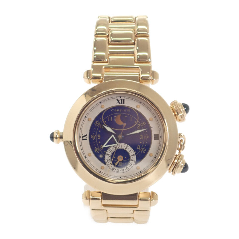 カルティエ CARTIER パシャ ムーンデイト アラーム 1990年製 正規メンテナンス済 W30011 腕時計 K18イエローゴールド クオーツ ブルー文字盤 メンズ【中古】【Aランク】