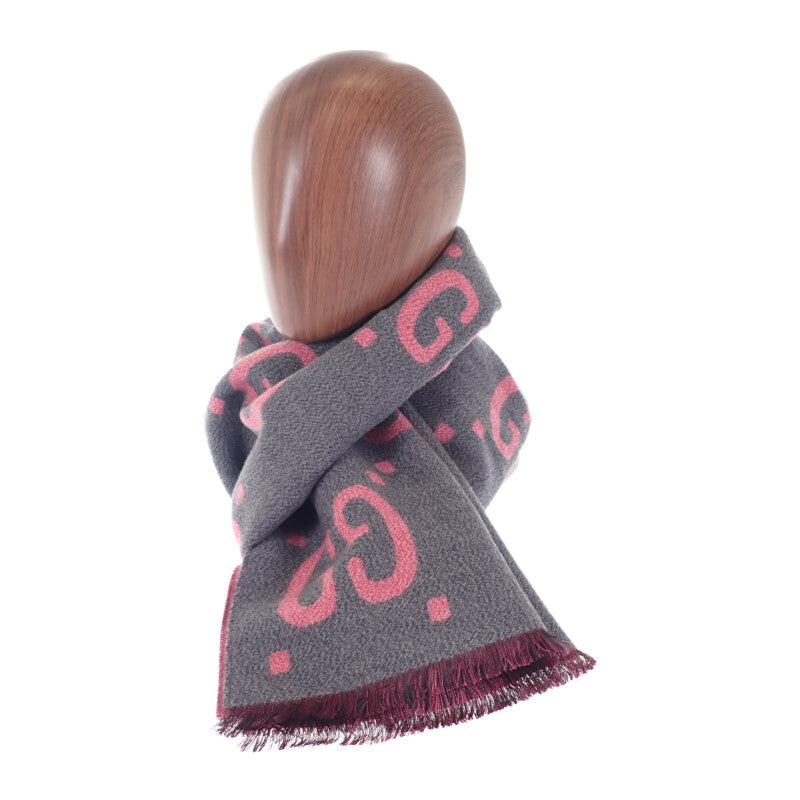 グッチ GUCCI GGジャガードスカーフ 558007_3G636_1272 マフラー ウール シルク グレー ピンク レディース メンズ【中古】【Aランク】