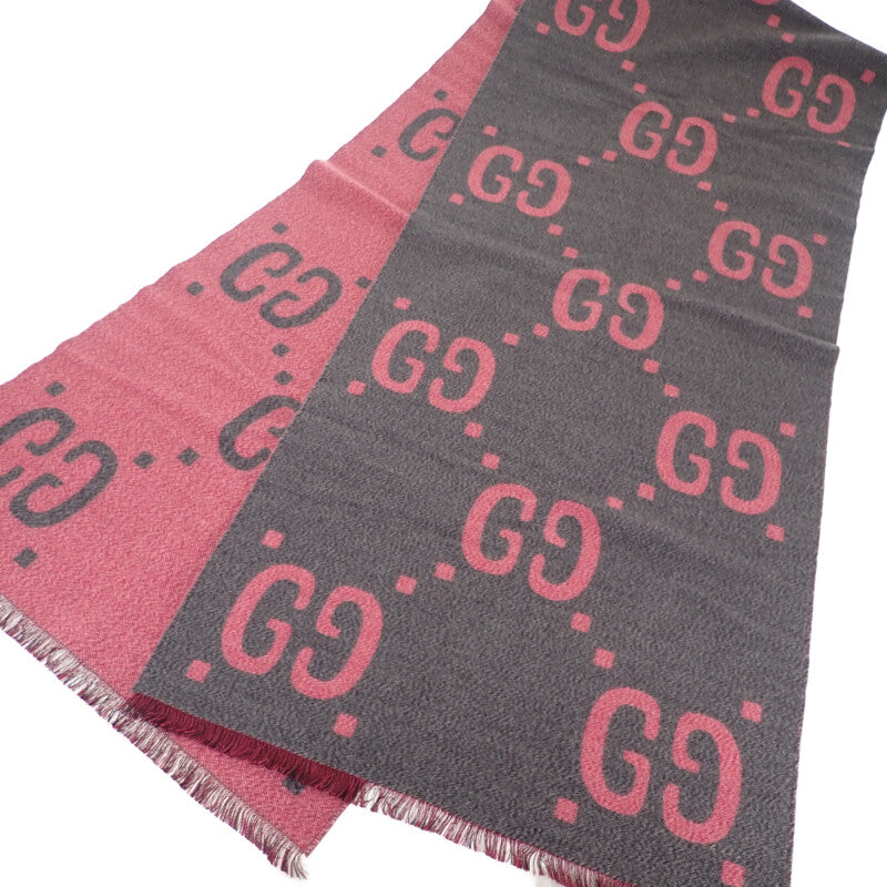 グッチ GUCCI GGジャガードスカーフ 558007_3G636_1272 マフラー ウール シルク グレー ピンク レディース メンズ【中古】【Aランク】