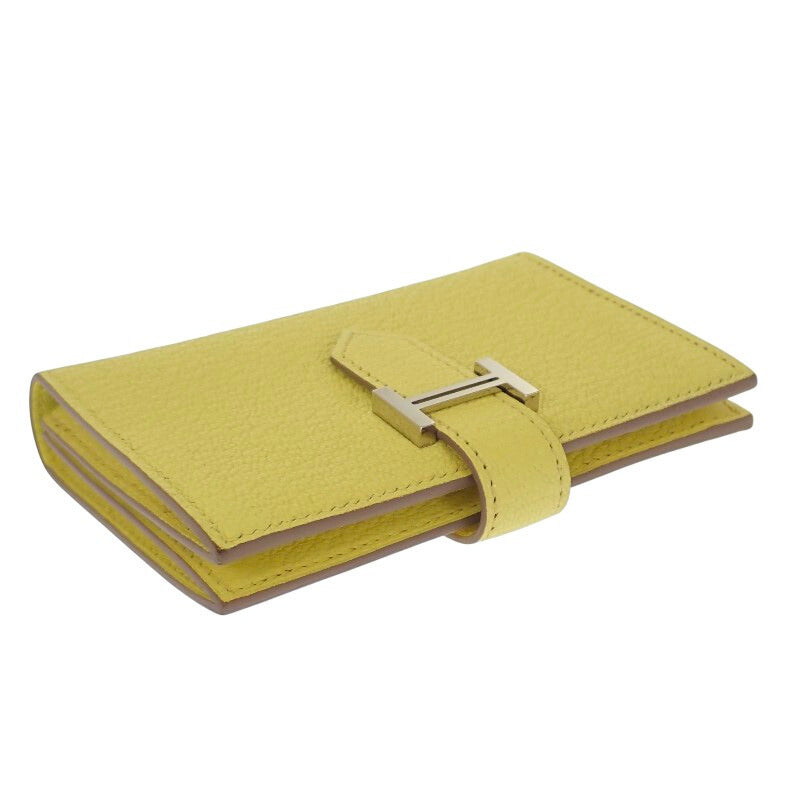エルメス HERMES ベアン W刻印 カードケース シェーブル イエロー系 シルバー金具 レディース【中古】【Aランク】