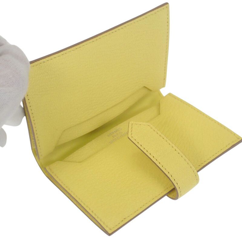エルメス HERMES ベアン W刻印 カードケース シェーブル イエロー系 シルバー金具 レディース【中古】【Aランク】