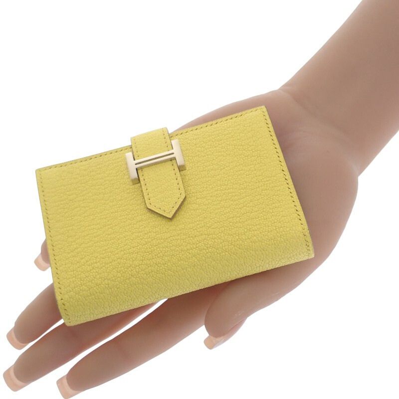 エルメス HERMES ベアン W刻印 カードケース シェーブル イエロー系 シルバー金具 レディース【中古】【Aランク】