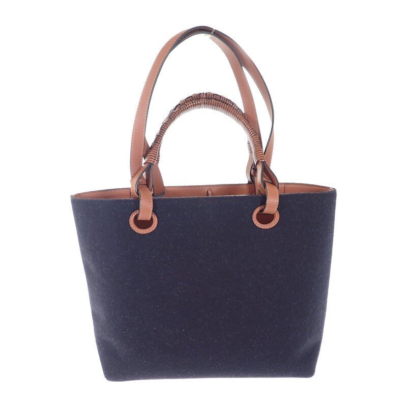ロエベ LOEWE ロゴ トートスモール 2WAYバッグ ウール レザー ネイビー ブラウン レディース【中古】【Aランク】