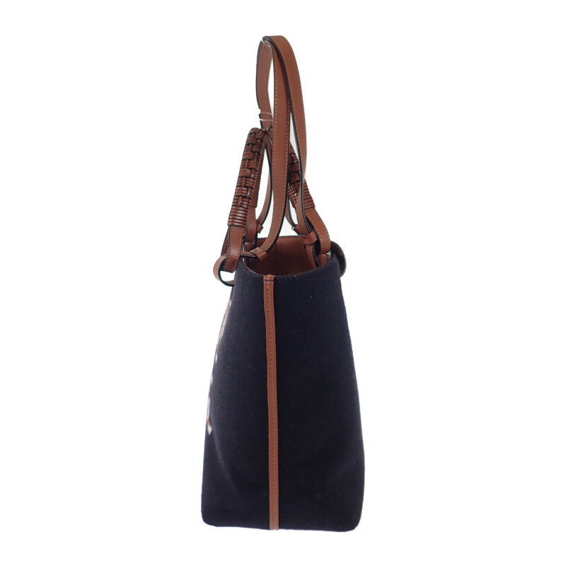 羅意威 LOEWE Logo Tote Small 兩用包 羊毛 皮革 海軍藍 咖啡色 女款【中古品】【A級】