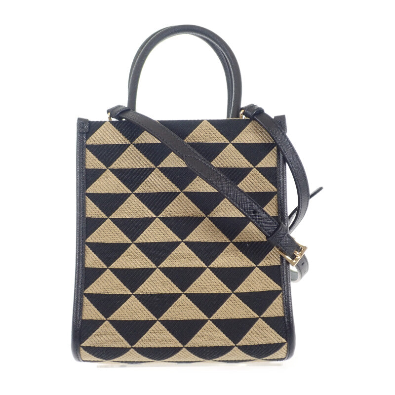 PRADA 普拉達 Symbol 刺繡迷你包 1BA3552FKLF0Y30 兩用包 肩背包 聚酯纖維 Saffiano 黑色 米色 女款【中古】【A級品】