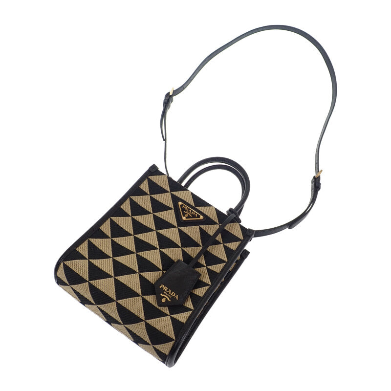 PRADA 普拉達 Symbol 刺繡迷你包 1BA3552FKLF0Y30 兩用包 肩背包 聚酯纖維 Saffiano 黑色 米色 女款【中古】【A級品】