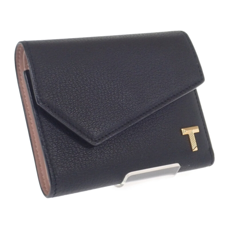 ティファニー TIFFANY&Co. Tウォレット 71935299 三つ折り財布 レザー ブラック ピンク ゴールド金具 レディース【中古】【Aランク】