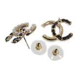 シャネル CHANEL ココマーク チェーンピアス B22B刻印 AB8703 ピアス メタル レザー フェイクパール ブラック ホワイト ゴールド金具 レディース【中古】【Aランク】