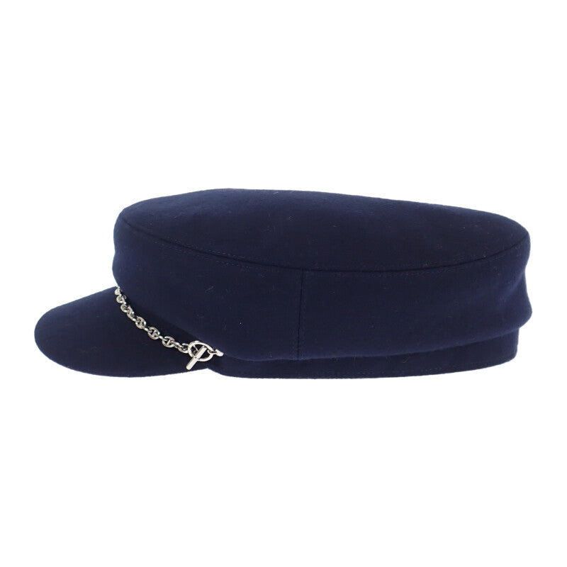 愛馬仕 HERMES Chaine d'Ancre 鴨舌帽 58 喀什米爾 海軍藍 銀色金屬件 女士【中古品】【A級】
