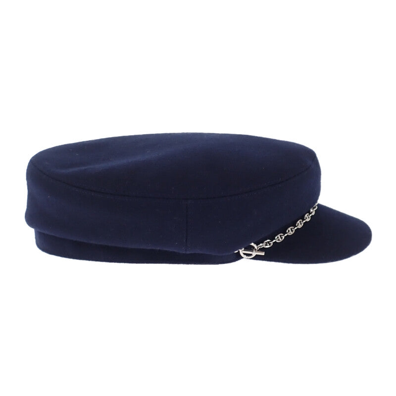 愛馬仕 HERMES Chaine d'Ancre 鴨舌帽 58 喀什米爾 海軍藍 銀色金屬件 女士【中古品】【A級】