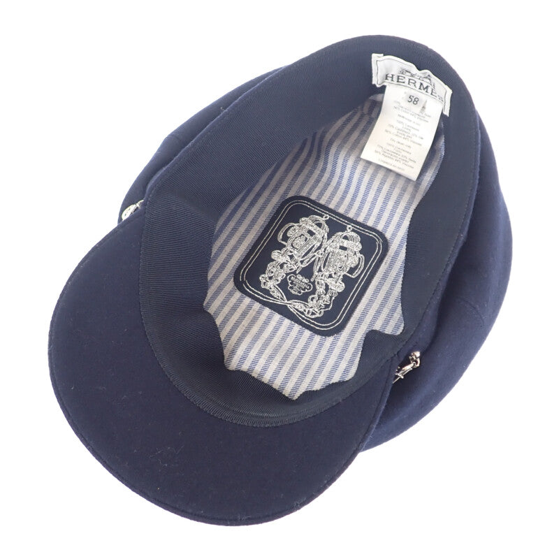 愛馬仕 HERMES Chaine d'Ancre 鴨舌帽 58 喀什米爾 海軍藍 銀色金屬件 女士【中古品】【A級】