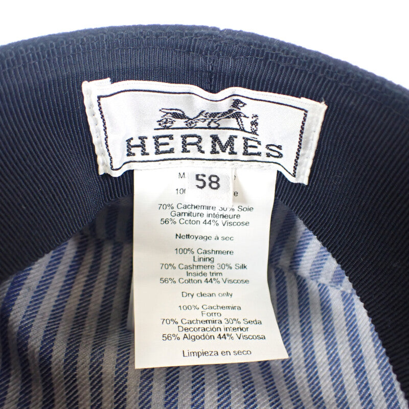 愛馬仕 HERMES Chaine d'Ancre 鴨舌帽 58 喀什米爾 海軍藍 銀色金屬件 女士【中古品】【A級】