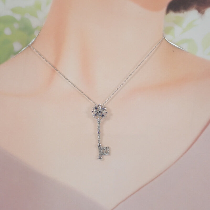 デザインジュエリー キーモチーフ ネックレス K18ホワイトゴールド サファイア ダイヤモンド レディース【中古】【Aランク】