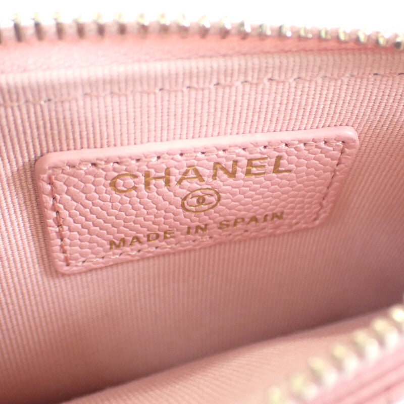 香奈兒 CHANEL Matelasse 翻蓋拉鍊零錢包 AP0374 卡片套 魚子醬皮革 粉紅色 金色五金 女士【中古品】【A級】