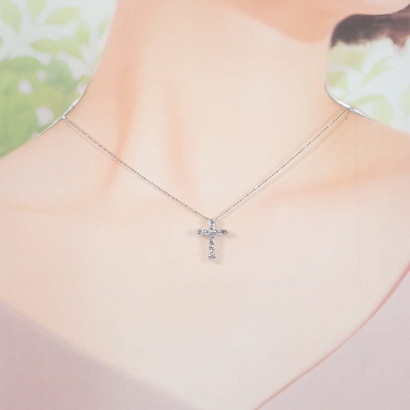 K14WG デザイン ジュエリー クロス ネックレス K14ホワイトゴールド ダイヤモンド レディース【中古】【Aランク】
