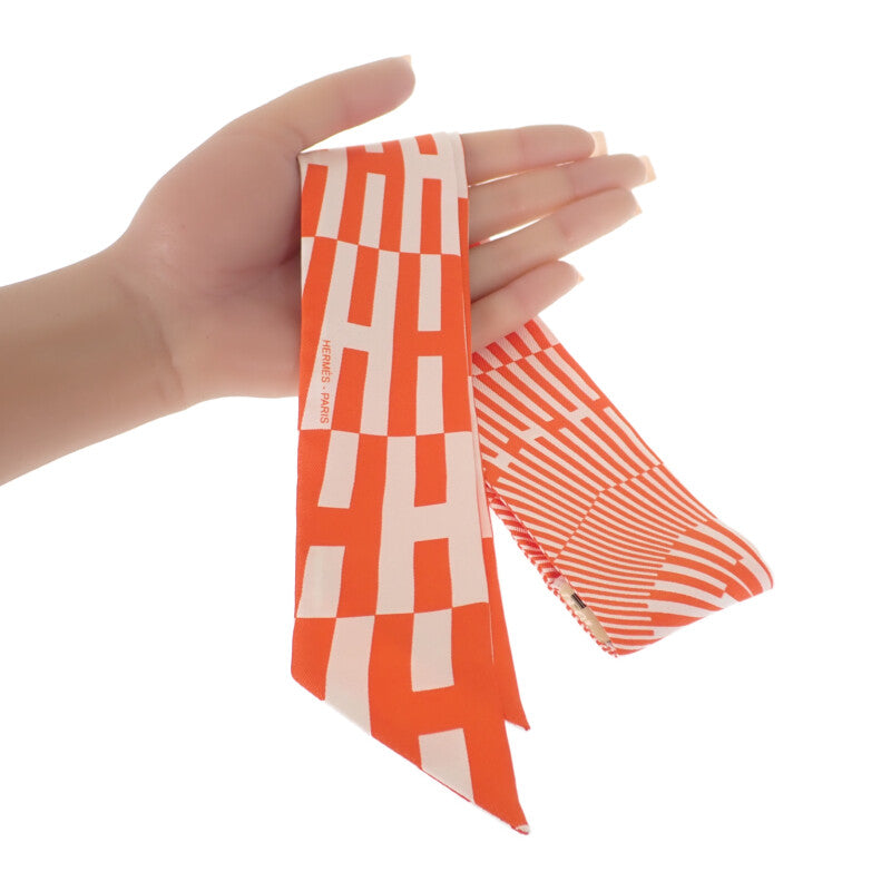 愛馬仕 HERMES Twilly OP'H 062423S_06 絲巾 絲綢 BLANC/ORANGE 橘色 女士【中古】【SA級】