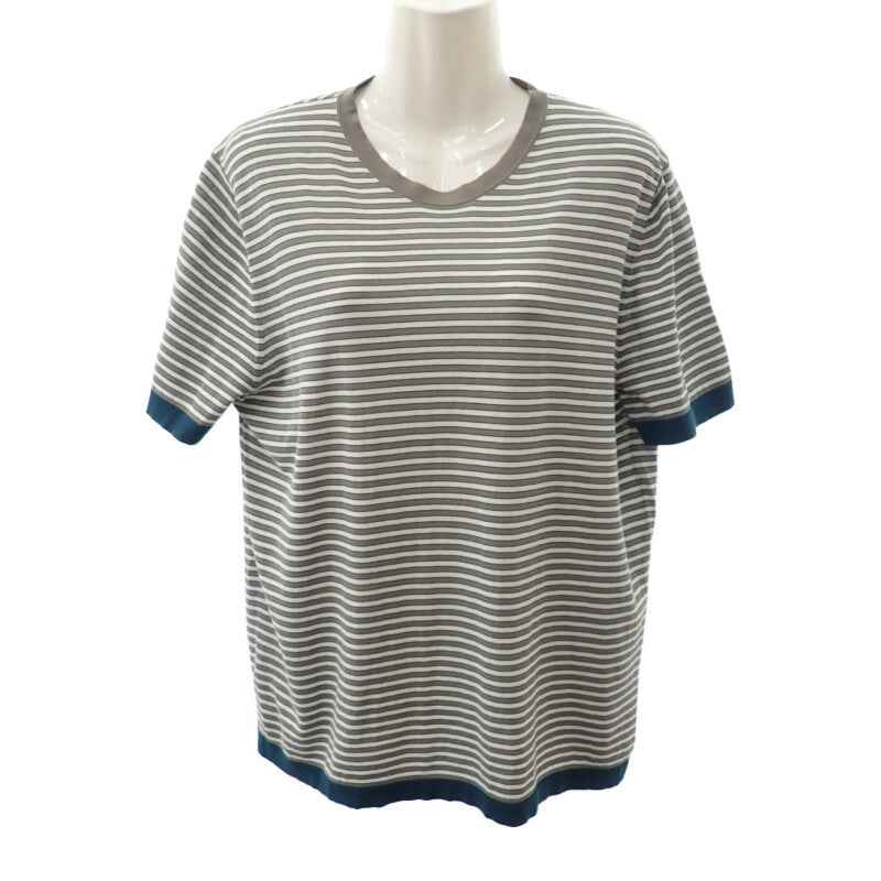 エルメス HERMES ボーダー ニット L 半袖Tシャツ コットン グレー ホワイト ネイビー メンズ【中古】【Aランク】