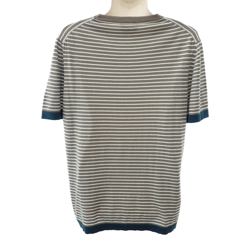 エルメス HERMES ボーダー ニット L 半袖Tシャツ コットン グレー ホワイト ネイビー メンズ【中古】【Aランク】