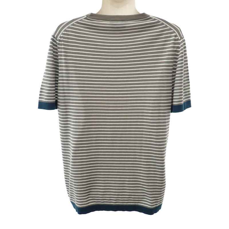エルメス HERMES ボーダー ニット L 半袖Tシャツ コットン グレー ホワイト ネイビー メンズ【中古】【Aランク】