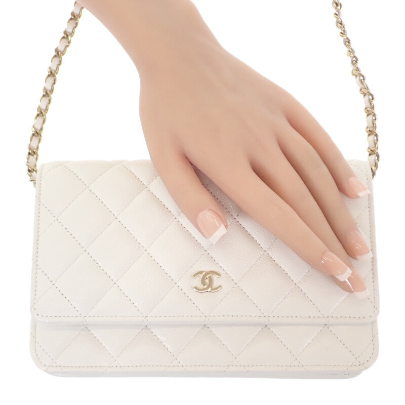香奈兒 CHANEL 經典款 鏈條錢包 AP0250 肩背包 魚子醬皮革 白色 金色金屬配件 女士【中古】【A級】