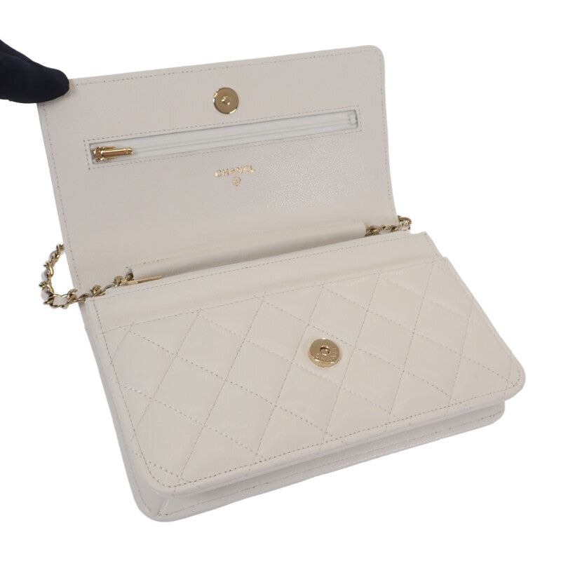 香奈兒 CHANEL 經典款 鏈條錢包 AP0250 肩背包 魚子醬皮革 白色 金色金屬配件 女士【中古】【A級】
